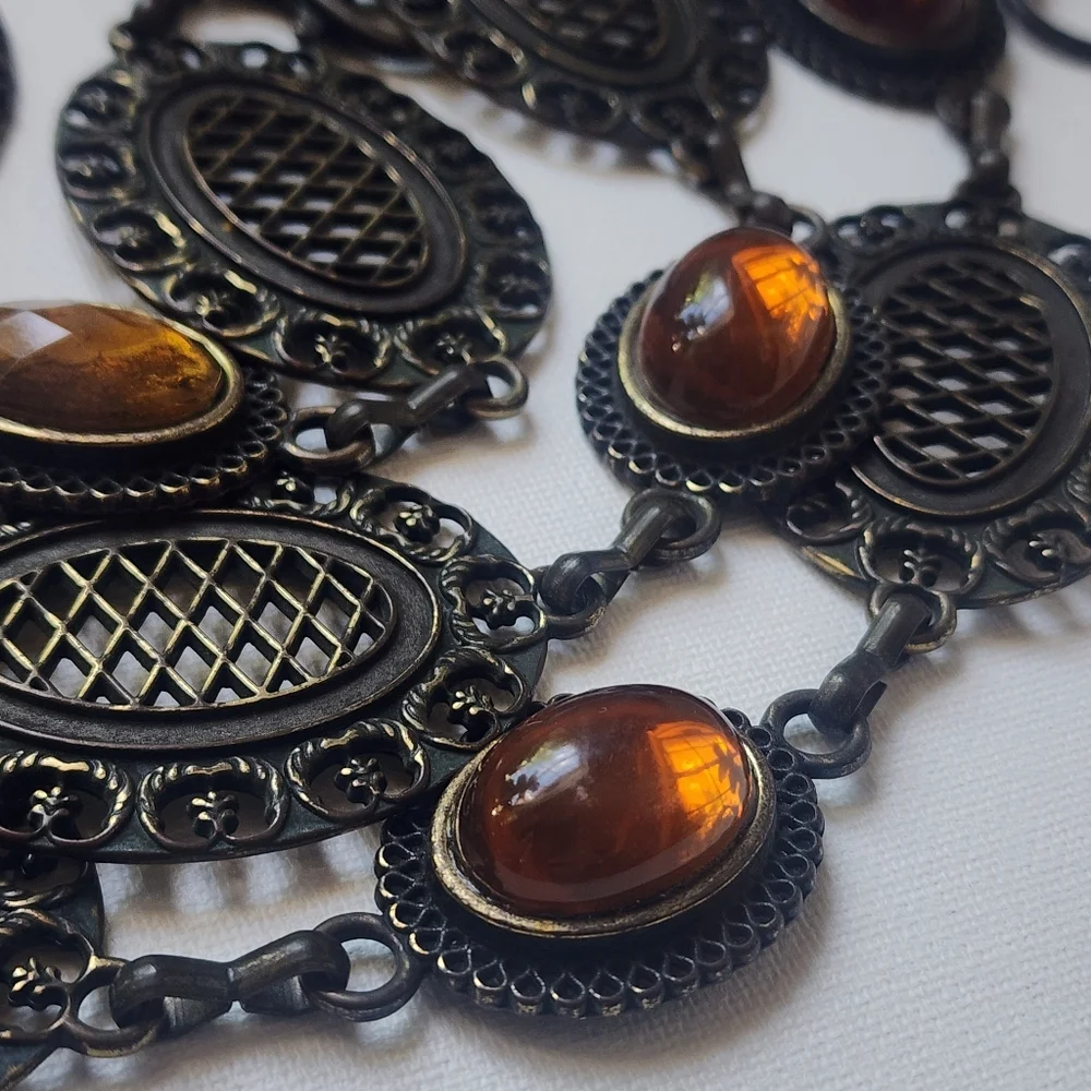 Amber Belt Vintage Jewelry Bronze Medallion Antique Gold Heavy Chain